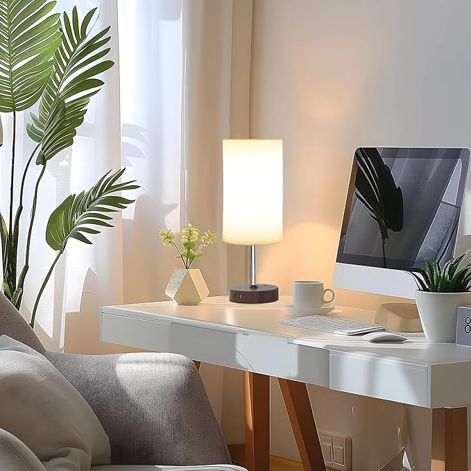 Small Bedside Table Lamp for Bedroom - 3 Way Dimmable Touch Lamp with USB Charging Station and AC Outlet, Wood Base & Fabric Linen Lampshade for Office, Living Room, Dorm, Brown-White, (LED Included)