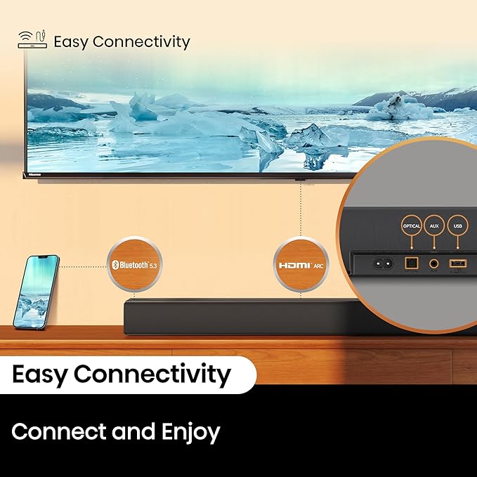 Hisense HS5100 5.1Ch Sound Bar with Wireless Subwoofer, 540W, Dolby Digital Plus, Bluetooth 5.3, EzPlay, Roku TV Ready, DTS: X, HDMI/AUX/ARC/Optical/USB (HS5100, 2024 Model)