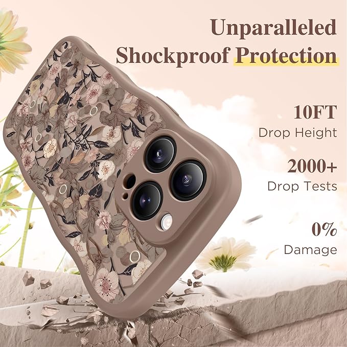 GVIEWIN for iPhone 16 Pro Max Case Compatible with MagSafe [Curly Wave Edge][Full Camera Protection] Floral Translucent Shockproof Magnetic Women Phone Case for 16 Pro Max, Apricot Blossom/Brown