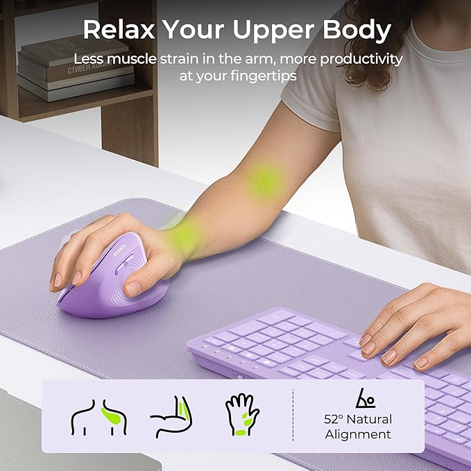 seenda Ergonomic Mouse Wireless, MOU200 Bluetooth Vertical Mouse - 3 Multi-Device Connectivity,1000/1600 /2400 DPI, Ergo Optical Mice for Windows, Mac OS, Computer/PC/Laptop, Purple