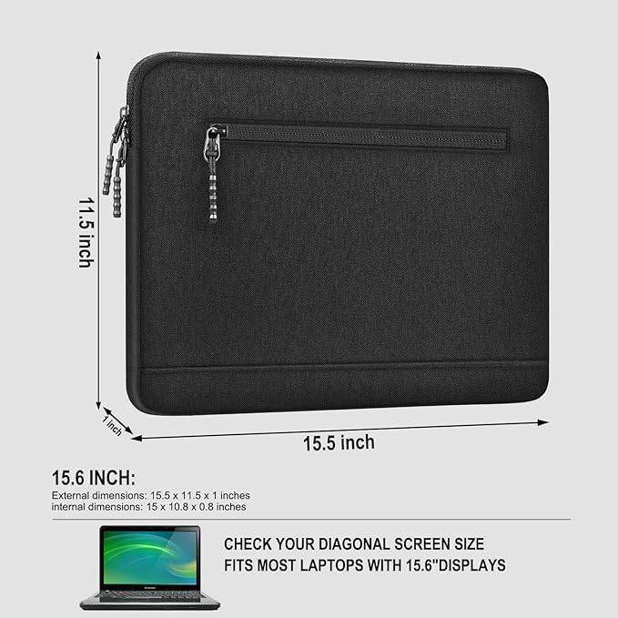 Laptop Sleeve Case 15.6 Inch, Shockproof Protective Computer Cover with Front Pocket, Water Resistant Durable Laptop Carrying Bag Compatible for Lenovo, HP, Dell, Asus Notebook, Black