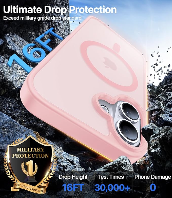 Magnetic for iPhone 16 Case, [Compatible with MagSafe][Military-Grade Drop Protection][Anti-Yellowing] Shockproof Protective Translucent Matte Cover for iPhone 16 Phone Case,Pink