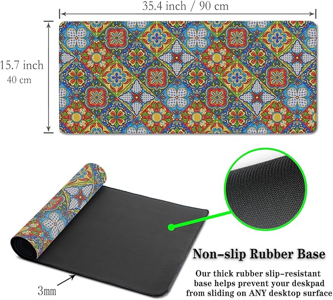 Extra Large Mouse Pads Gold Pad for Mouse Gaming Mousepad Computer Mat Large Mouse Mat Non-Slip Rubber Base 35.4 X 15.7 for Game Office, Mexican Talavera Ceramic Tile Pattern