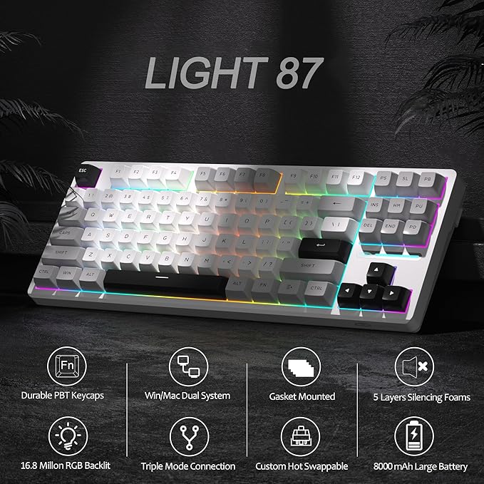MageGee LIGHT87 Wireless Creamy Keyboard, Gasket Structure Hot Swappable Mechanical Keyboards, 2.4G/USB-C/BT5.0 RGB Backlit Gaming Keyboard for Win/Mac/PC, 8000mAh Battery, PBT Keycaps, Grey