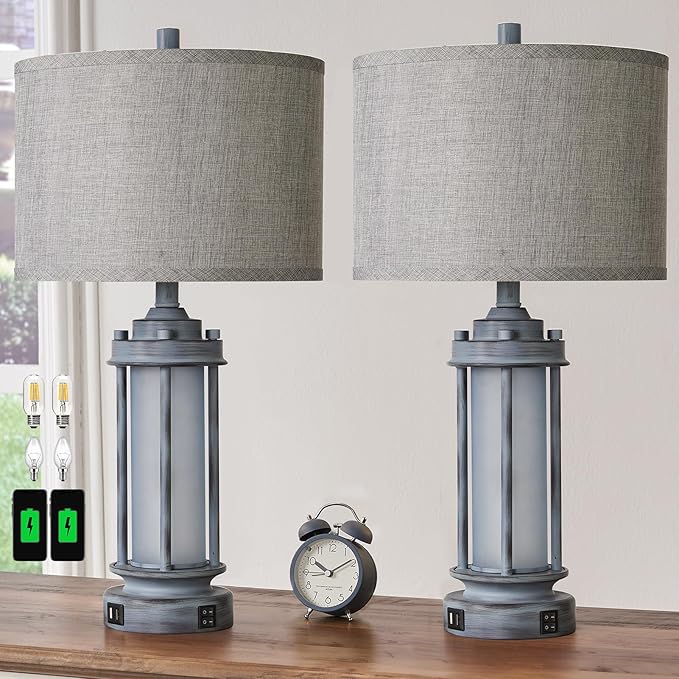 AIEAMPDO Set of 2 Rustic Table Lamps for Living Room, Farmhouse Vintage Nightstand Lamp with 2 USB Ports, Antique Retro Light Green Glass Night Light for Bedroom Entryway, 4 Bulbs Included