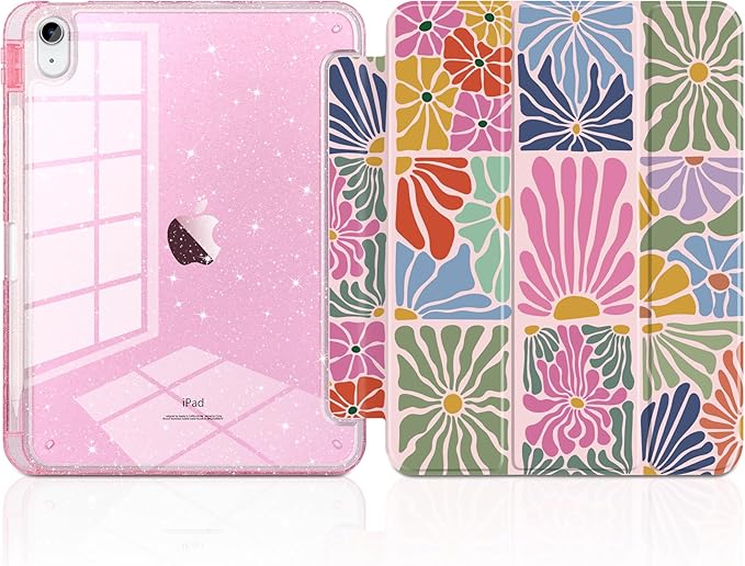 DONGKE for iPad Pro 11 inch Case – Fits M5 2025 / M4 2024, Shockproof Sparkling Glitter Acrylic Back, Pencil Holder, Trifold Stand, Auto Sleep/Wake & Touch ID Support - Colorful Florals