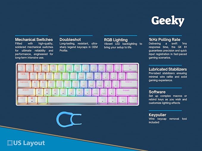 Geeky GK61 SE 60% | Mechanical Gaming Keyboard | 61 Keys Multi Color RGB LED Backlit for PC/Mac Gamer | ANSI US American Layout (White, Mechanical Black)