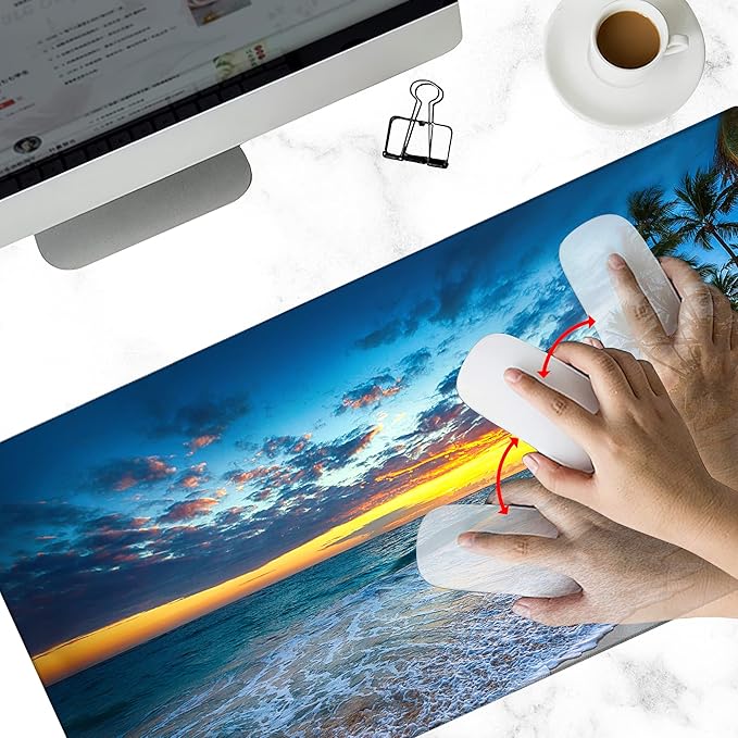 Hawaii Summer Beach Gaming Desk Mat Large,Palm Tree Sunset Extended Mousepad,Non-Slip Rubber Mouse Pad Stitched Edges,Desktop Decorative Accessories for Home Office 31.5" x 15.7"
