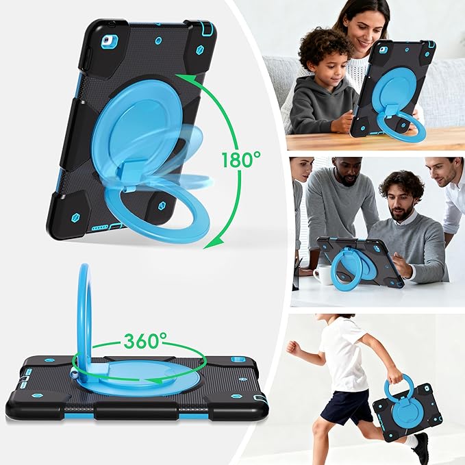 Andnary Case for iPad 9th/8th/7th Generation 10.2 inch, Shockproof Cover with Screen Protector/360° Rotate Stand/Pencil Holder/Shoulder Strap, Kids Case for iPad 2021/2020/2019 (Black+Blue)