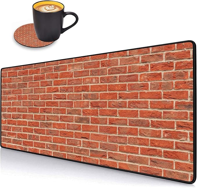 Desk Pad Mat Gaming Mouse Pads with Coasters Set, Stitched Edges Design Mouse Pad XXL Large Mouse Pad for Laptop Computers Red Brick Wall Pattern Desk Writing Mat for Office & Home 31.5"x 11.8"