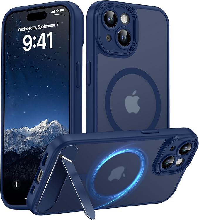 Magnetic Compatible with iPhone 15 Case, [Built-in Invisible Kickstand][Compatible with MagSafe][Full Camera Protection] Translucent Matte Phone Case for iPhone 15 6.1",Blue