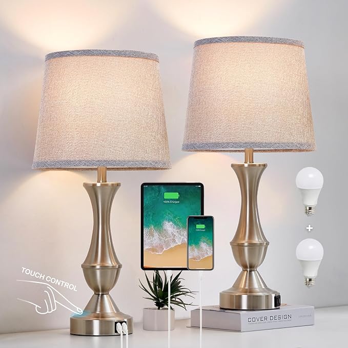 Touch Table Lamps Set of 2, 22" Tall Bedside Lamps, Nightstand Lamps with USB C+A Charging Ports, Dimmable Lamp for Bedrooms, Living Room, Office, Silver Lamp with Grey Lampshade, Bulbs Included