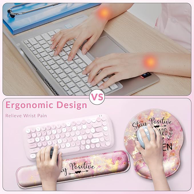 Desk Mat Set + Keyboard and Mouse Pad with Wrist Rest Support,4-in-1 Large Mousepad Computer Mats for Desktop Home & Office-Pink Positive