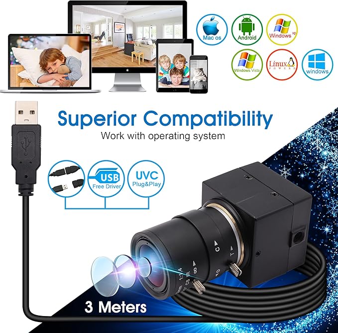 UHD 4K 30fps 2.8-12mm Varifocal Zoom Lens Mini Webcam, Plug and Play, Low Power Consumption USB Camera, Support OPENCV for Windows/Linux/Raspberry Pi/Mac