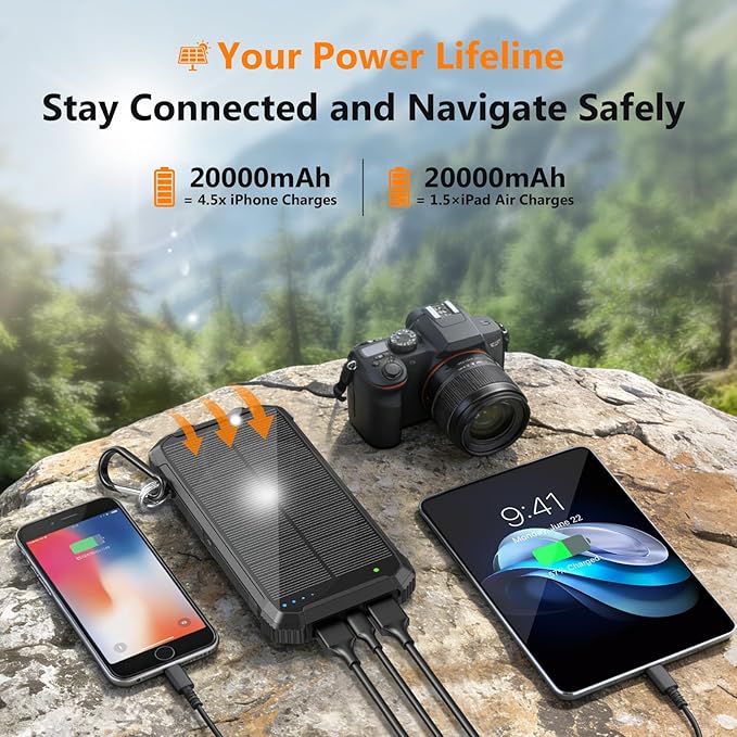 Solar Power Bank 20000mAh Wireless Portable Charger Built-in 3 Cables 15W USB-C Fast Charging Black Battery Pack Compatible with iPhone, Samsung, Emergency LED Flashlights Perfect for Camping, Hiking