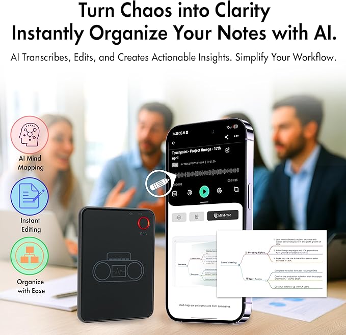 LIMU AI Voice Recorder with App Control - 13h Recording Device, 64GB AI Note Taking Device - GPT 5 Translation, Summaries & Mind Maps (125 Languages), 400 Min/Month, Audio Recorder with Transcription