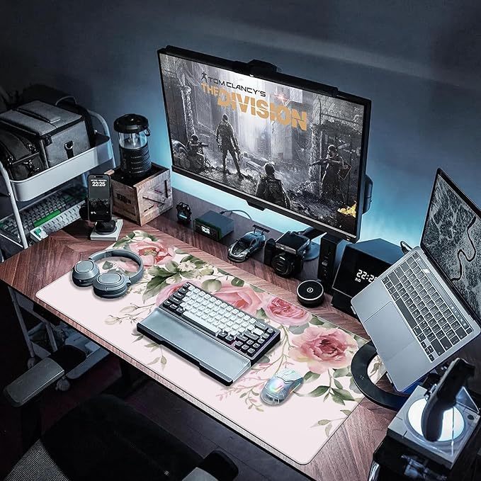 XXL Mouse Pad, Pink Peony Flowers Eucalyptus Green Leaves Large Desk Mat for Desktop, Extended Large Gaming Mouse Pad Mouse Mat with Non-Slip Rubber Base Stitched Edges for Home Office 35.4"X15.7"