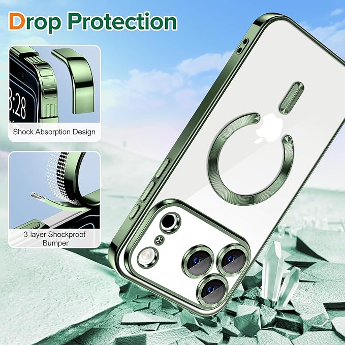 Hython Magnetic Clear for iPhone 17 Pro Case with Camera Lens Protector [Compatible with MagSafe] Luxury Plating Edge Slim Soft TPU Cover Protective Phone Case for iPhone 17 Pro 6.3", Deep Green