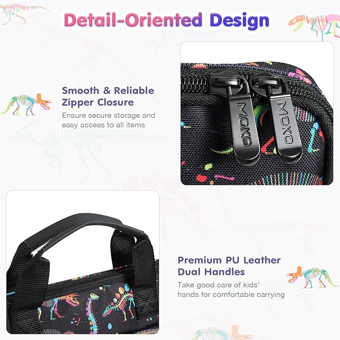 MoKo 10-12.5 Inch Kids Tablet Sleeve Carrying Case for Fire HD 10 13th/11th Gen, Fire HD 8/7 Kids 2022, Tablet Bag with Shoulder Strap for 10/10.1 Inch Android 12/13, Black Dinosaur