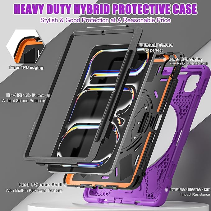 Batianda Case for iPad Pro 13-inch 2025 M5 2024 M4 Chip Heavy Duty Rugged Durability Silicone Tablet Cover with 360° Rotating Hand Strap Foldable Hidden Stand & Shoulder Strap, Purple
