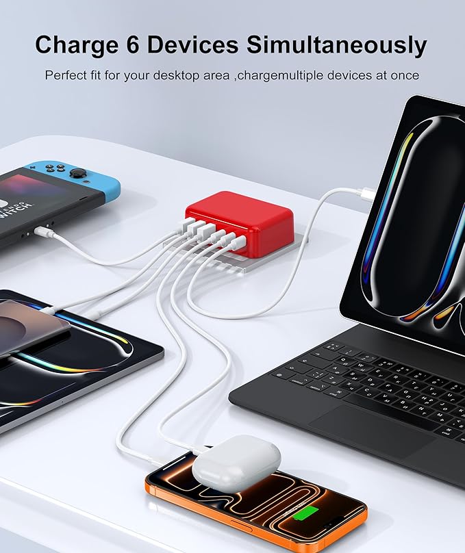 Fast Charger Block, GaN 6 Port USB C Charging Station Hub Cube, 100W Multiport Type C Wall Charger Power Strip Plug with PD 3.0+QC for iPhone 16 15 14 13 12 1 Pro Max XR XS 8 7, Samsung, iPad, Table