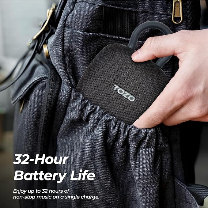 TOZO PE1 Portable Bluetooth Speakers with Adjustable Carabiner, Mini Bluetooth Wireless Shower Speaker with IPX8 Waterproof, 32H Playtime Punchy Bass Audio Speaker for Home, Outdoor and Travel, Black