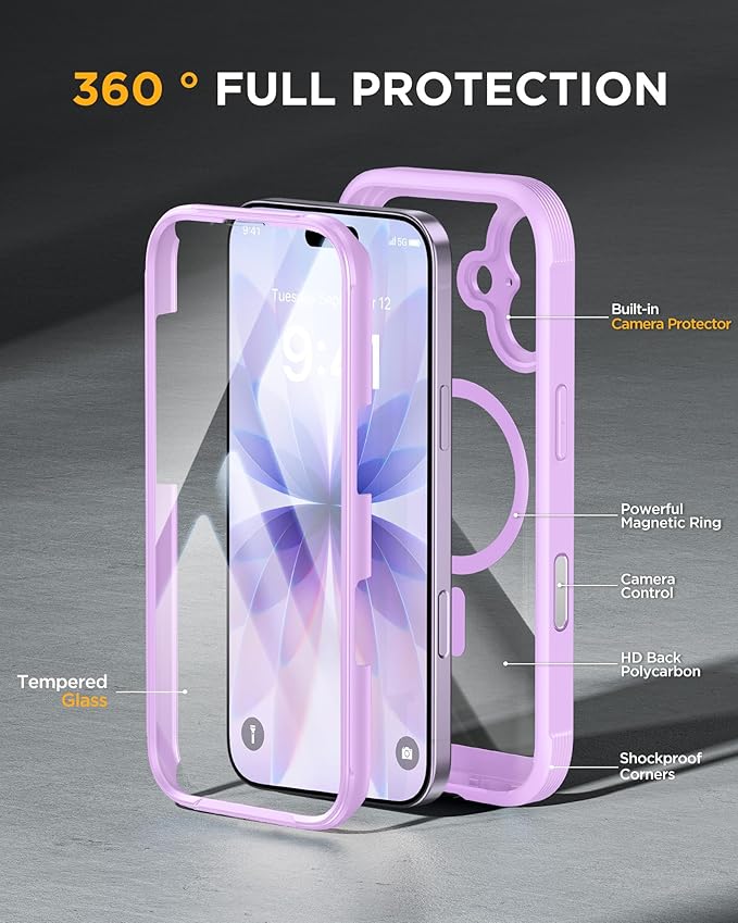 Miracase for iPhone 17 Case 6.3'', Full-Body Military Grade Drop Protection Outdoor Phone case with Built-in Glass Screen &Camera Control,Easy Installation,No Gap,Compatible with MagSafe, Light Purple