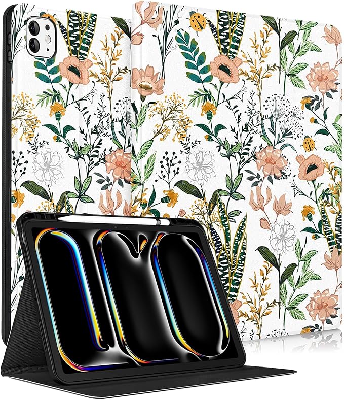 Uppuppy for iPad Pro 13 Inch Case 2024 - Women Girls Cute Folio Smart Cover with Pencil Holder Flower Floral Girly Pretty Kawaii Kids Unique for iPad Pro M4 13 Inch Cases A2925 A2926 A3007