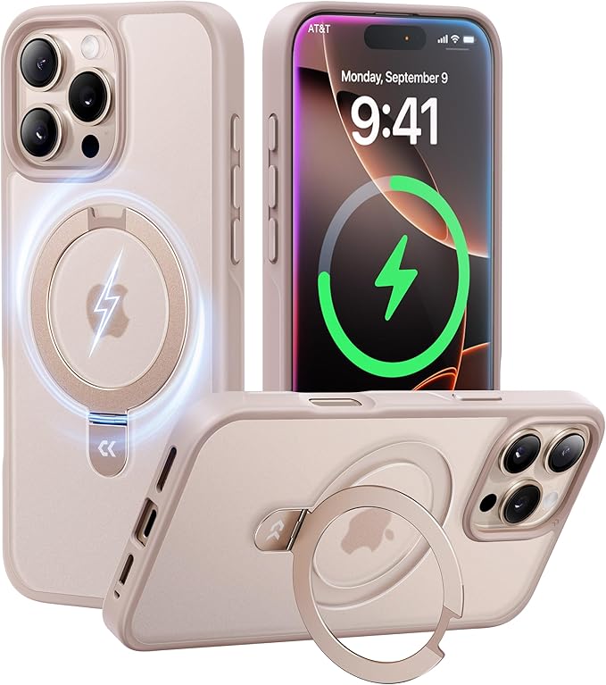 CASEKOO Ultra-Magnetic Stand for iPhone 16 Pro Case [Military Drop Protection] [Compatible with MagSafe] Shockproof Translucent Matte Slim Ring Holder Case for iPhone 16 Pro 6.3", Gold