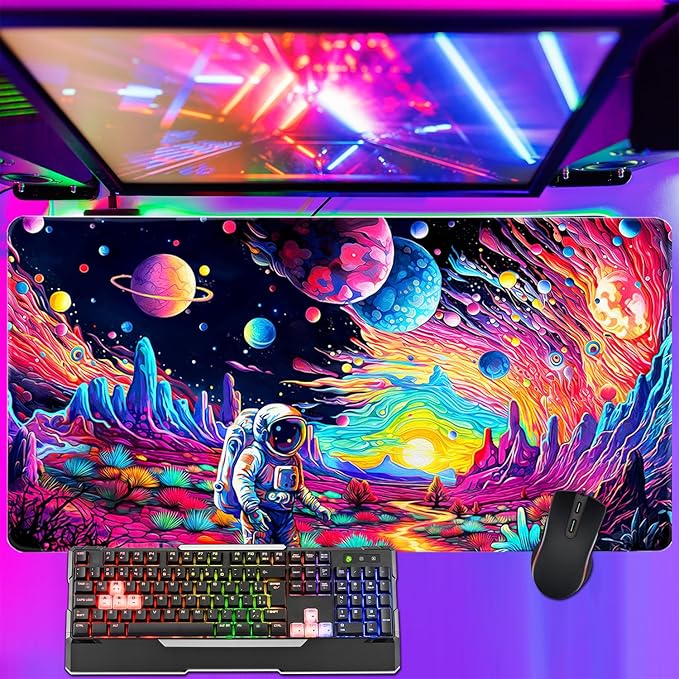 Cyberpunk Astronaut Mouse Pad Desk Mat Fantasy Planet Space Large Gaming Mouse Pad Anime Desk Pad Mousepad XL Extended Keyboard Mat Futuristic Cosmic Adventure Mouse Mat, Waterproof, 31.5 x 11.8 in