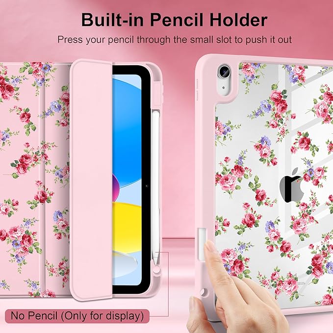 Case for iPad Air 11 inch M4 2026 M3 2025 M2 2024,iPad Air 5th (2022) / 4th (2020) 10.9 Inch Clear Back Shell Shockproof TPU Edge Trifold Stand Auto Wake Sleep Cute Cover, Elegant Rose