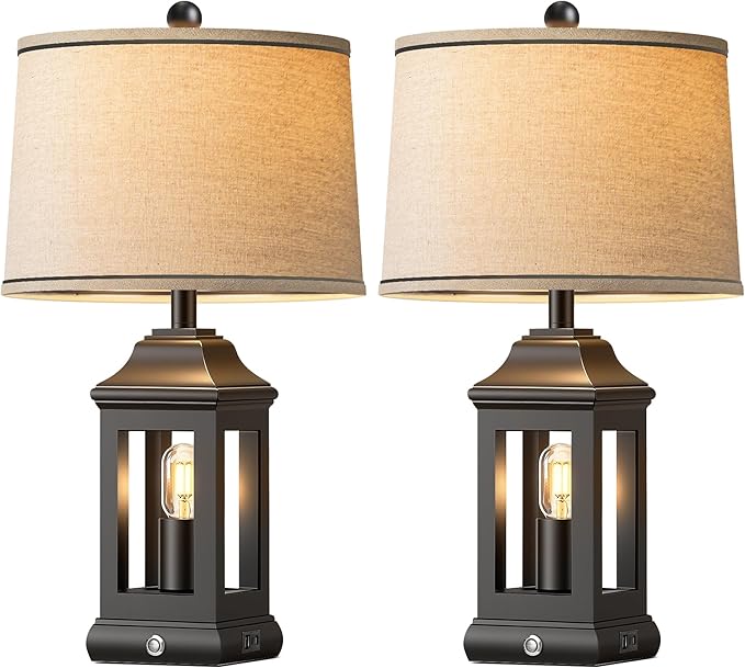 24" Rustic Farmhouse Table Lamps for Living Room Set of 2, Touch Dimmable Nightlight Vintage Bedside Lamps with USB A+C Ports & Dual Light Sources for Bedroom Nightstand End Table, Matte Black