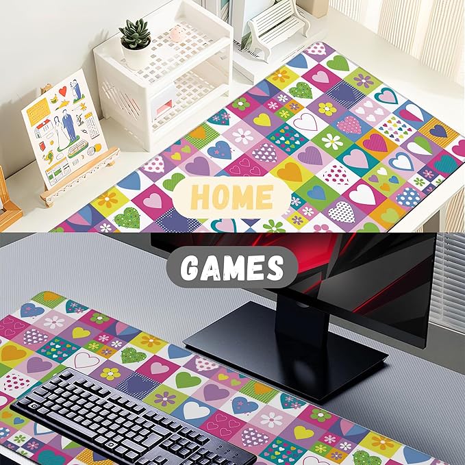 Extended Gaming Mouse Pad Checkered Heart Flower Large Mousepad with Stitched Edges,Anti-Slip Rubber Base Keyboard Mouse Mat Desk Pad for Gaming Home Office 35.4 x 15.7 inches