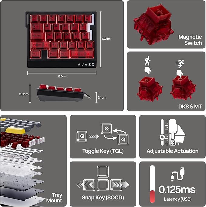 MechLands AJAZZ AK029 One Handed Gaming Keyboard, 8Khz Polling, 29 Keys Rapid Fast Wired Keyboard, SOCD & DKS, Magnetic Switch, Adjustable Actuation, RGB Backlits, Aluminum Plate (Red Transparent)