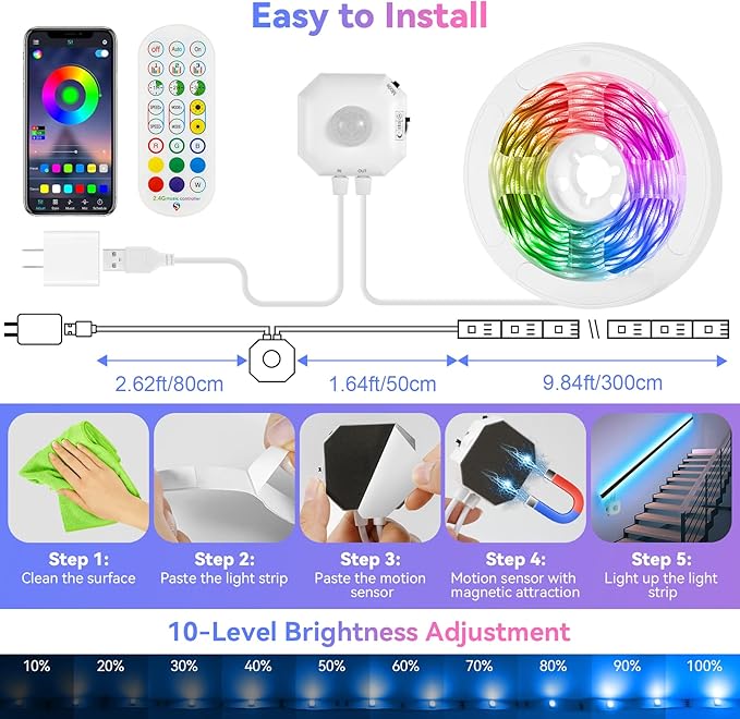 Motion Sensor LED Light Strip, 2x9.8Ft RGB LED Strip Lights Motion Activated Under Bed Lights, App Control Music Sync Strip Lights with Remote, USB Under Cabinet Lights for Kitchen Closet Stair