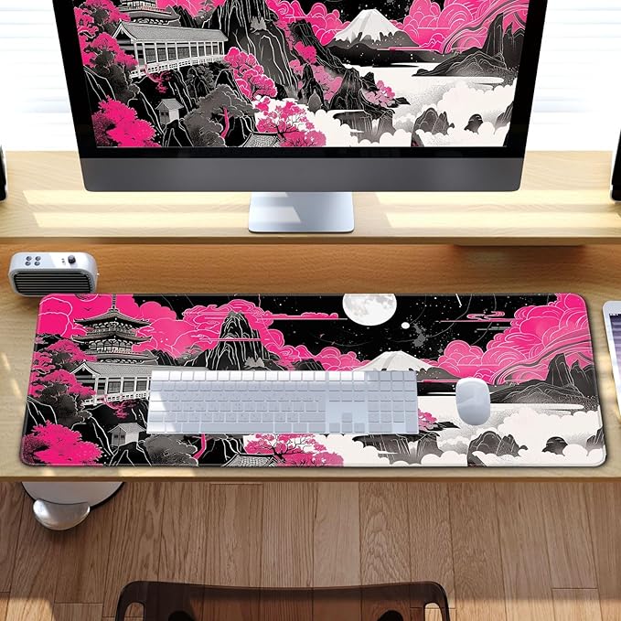 Future Kyoto Mouse Desk Pad Japanese Pink Desk Mat Desk Decor Black White Large Gaming Mouse Pad for Desk Mousepad Computer Office Keyboard Laptop Big Mouse Pad Xl-31.5x11.8 in