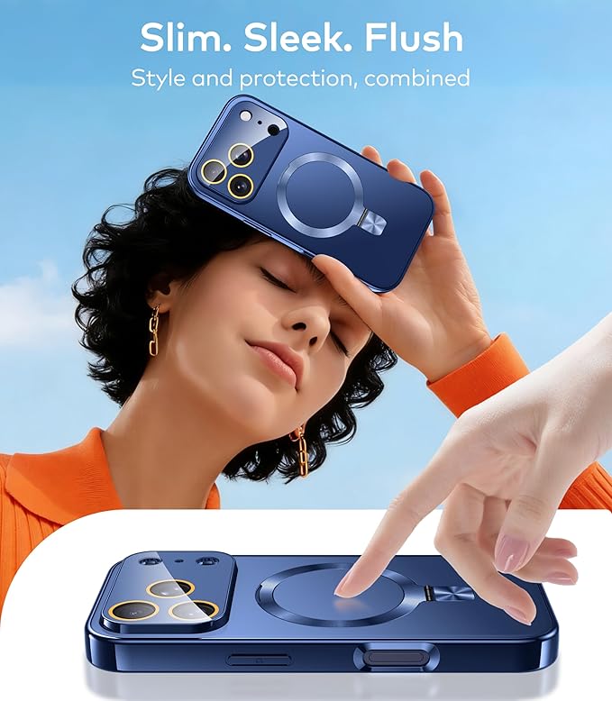 TOBOVON Magnetic for iPhone 17 Pro Case with Ring Stand, Fits MagSafe, with Built-in Camera Cover, Slim Electroplated Shockproof Phone Case, Blue