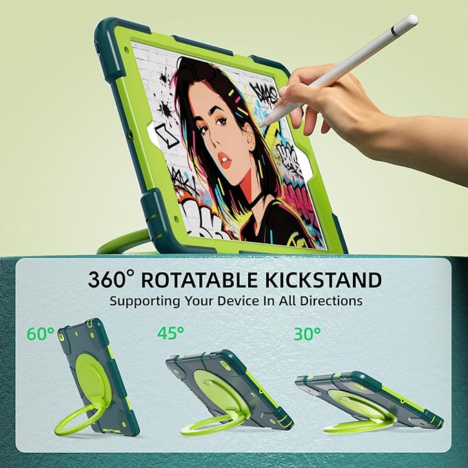 Andnary Case for iPad 9th/8th/7th Generation 10.2 inch, Shockproof Cover with Screen Protector/360° Rotate Stand/Pencil Holder/Shoulder Strap, Kids Case for iPad 2021/2020/2019 (Dark Green+Green)