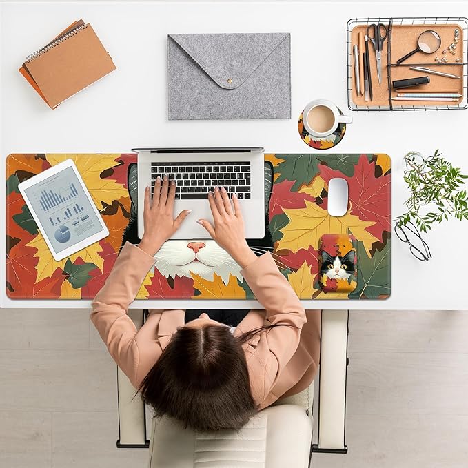 Large Mouse Pad Set, Desk Mat + Elbow Rest Pad + Coaster, Easy Typing Pain Relief, Ergonomic Arm Rest Pad with Memory Foam, Extended Desk Pad Anti-Slip Rubber Base for Office Home, Autumn Cat