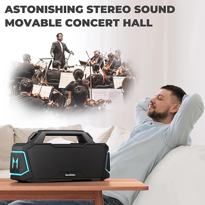 Musibaby Bluetooth Speaker,80W Portable Bluetooth Speaker with Deep Bass,Loud Stereo Sound,IPX6 Waterproof,24H+ Playtime,USB/TF/AUX,Dual Pairing Party Speaker for Outdoor,Beach,Patio (Black)
