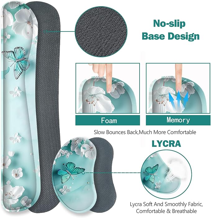 ToLuLu Large Mouse Pad Desk Pad Set, Wrist Rest Support Desk Mat for Keyboard and Mouse, 4PCS 35.4”x15.7 XXL Giant Mouse Pad, Non-Slip Base Stitched Edges Mousepad for Home Office, Teal Butterfly