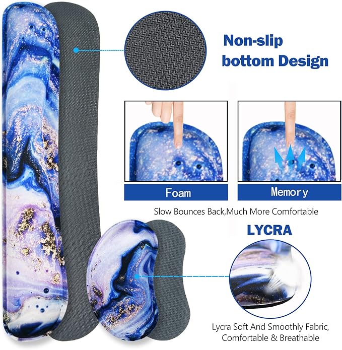 ARTSO Large Gaming Mouse Pad, Keyboard Wrist Rest Pad & Wrist Support Mousepad Set, Stitched Edge, Extended, Non-Slip Base, Memory Foam,Multifunctional Desk Mat 4pcs for Office & Home, Purple Marble