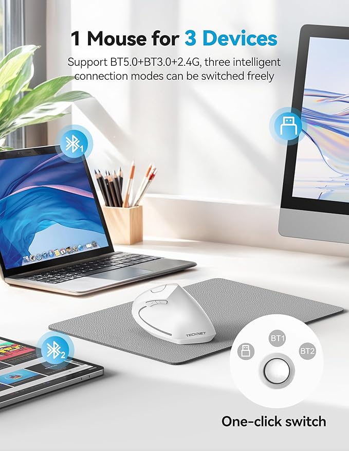 TECKNET Ergonomic Mouse, Rechargeable 2.4G+Bluetooth Vertical Mice 6 DPI Adjustable, Wireless Optical Carpal Tunnel Mouse Right Hand, Multi Device for Laptop, PC, Computer, MacBook, iPad - White