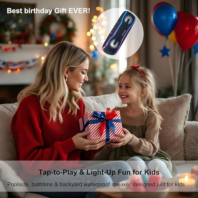 Bluetooth Shower Speaker, IPX7 Waterproof Wireless Speaker with 24H Playtime, Beat Pads, RGB Lights, TWS Pairing, Durable Design, Perfect for Travel, Beach, and Gifts - Black