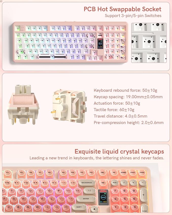 Keymatic Foundation Mechanical Keyboard,98% Pink Creamy Keyboard Gaming Keyboard,3 Mode with Multimedia Screen,RGB Backlit,Jelly MOA Profile keycaps for Win/Mac,Pink
