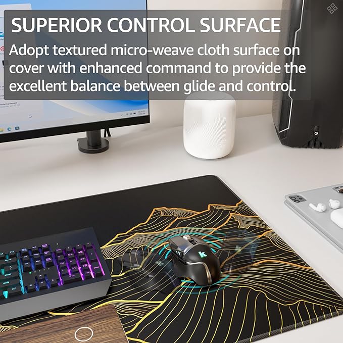 KTRIO Large Gaming Mouse Pad Desk Mat, Superior Micro-Weave Cloth, Non-Slip Rubber Base, Stitched Edges, Water-Resistant, for Gamer, Office & Home, 31.5 x 15.7 Inch, Bright Rise