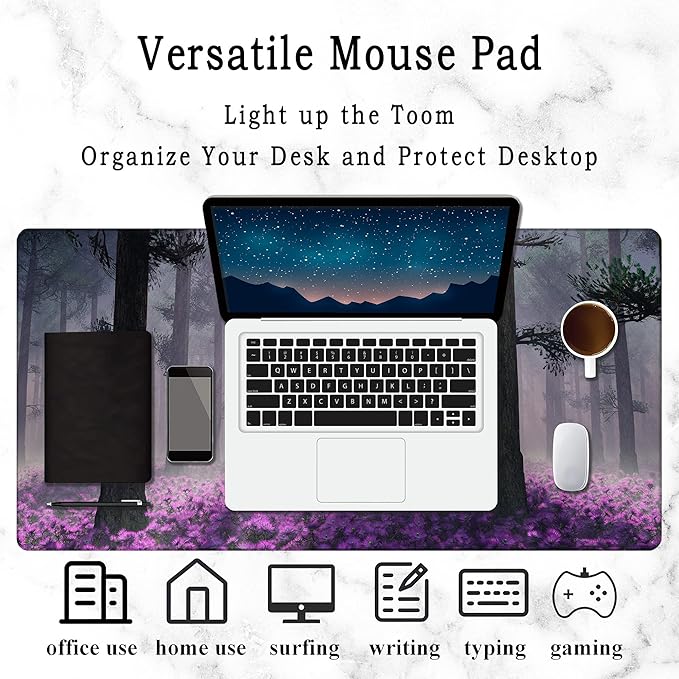 Gaming Desk Mat Large, Purple Misty Forest Extended Mousepad,Non-Slip Rubber Mouse Pad Stitched Edges,Desktop Decorative Accessories for Home Office 31.5" x 15.7"