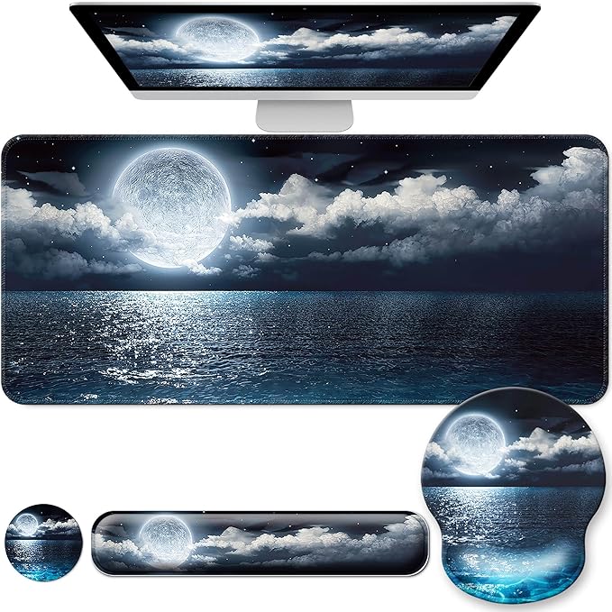 Desk Mat Set + Keyboard and Mouse Pad with Wrist Rest Support,4-in-1 Large Mousepad Computer Mats for Desktop Home & Office-Night Moon