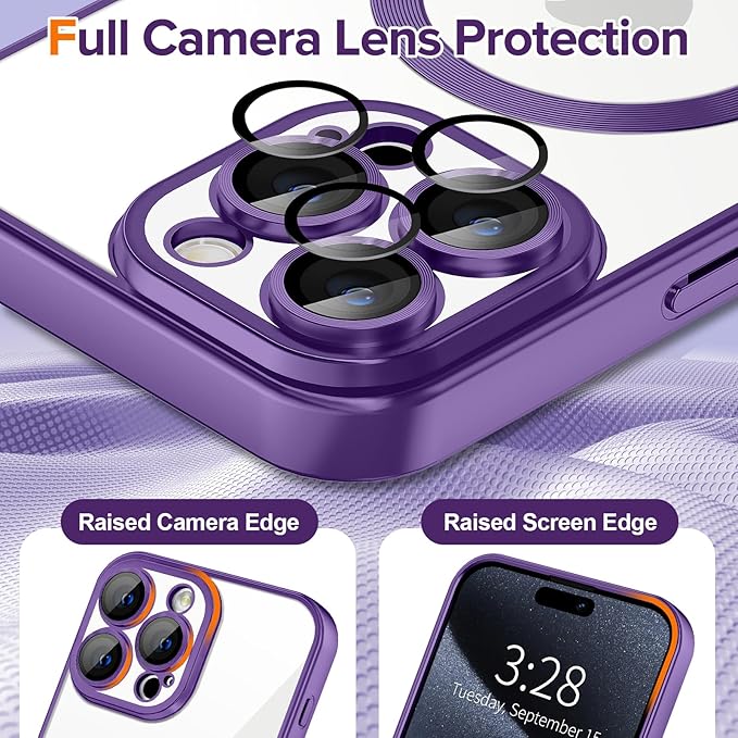 Hython Magnetic Clear for iPhone 15 Pro Case with Camera Lens Protector [Compatible with MagSafe] Luxury Plating Edge Slim Soft TPU Cover Protective Phone Case for iPhone 15 Pro 6.1", Matte Purple