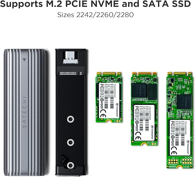Satechi USB-C Aluminum Tool-Free Enclosure for M.2 PCIE NVME and SATA SSD, Support USB 3.2 Gen 2, 10 Gbps, M.2 NVMe/SATA PCIe B+M Key, up to 4TB, UASP Trim for SSD Size 2242/2260/2280